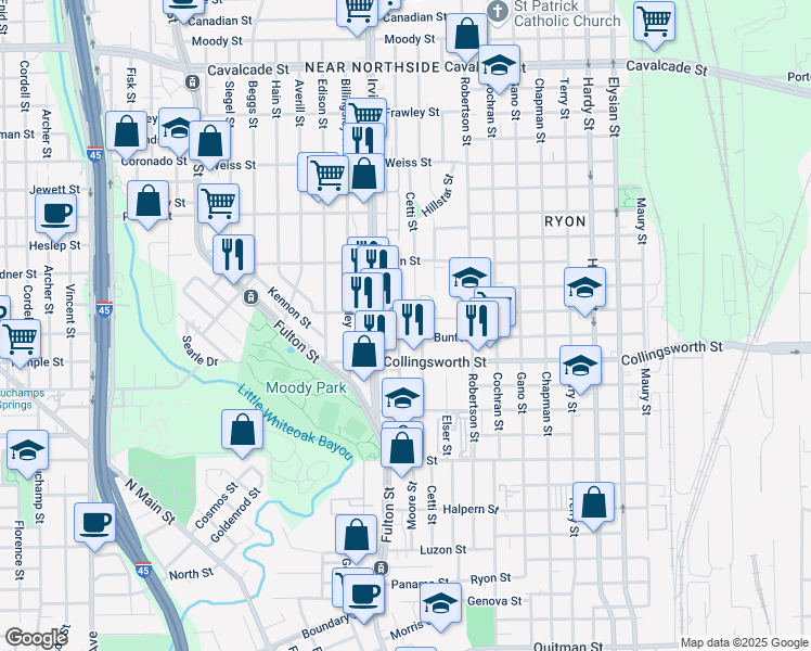 map of restaurants, bars, coffee shops, grocery stores, and more near 3711 Cetti Street in Houston