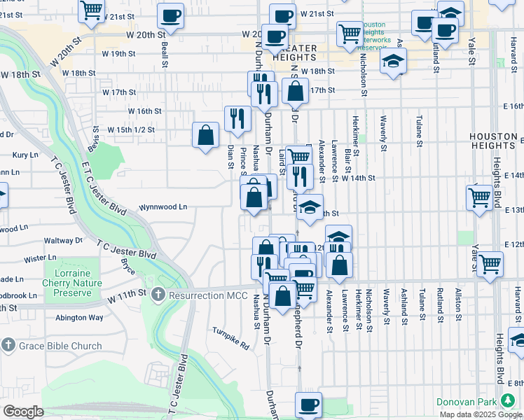 map of restaurants, bars, coffee shops, grocery stores, and more near 1304 Nashua Street in Houston