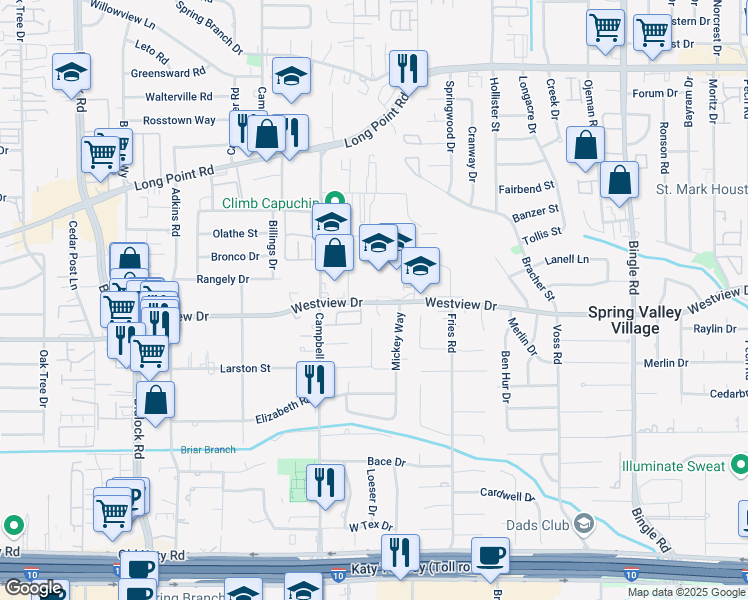 map of restaurants, bars, coffee shops, grocery stores, and more near 9000 Westview Drive in Houston