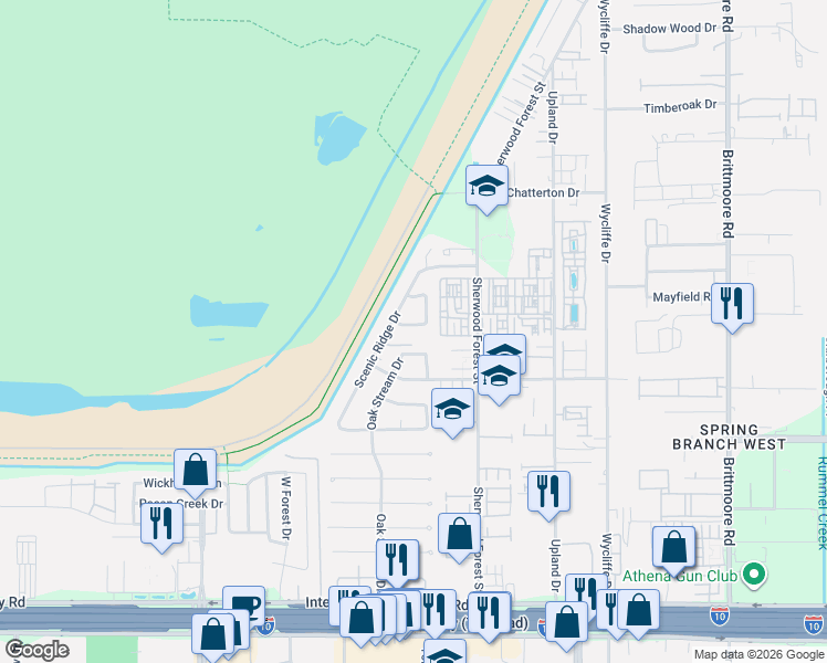 map of restaurants, bars, coffee shops, grocery stores, and more near 11203 Mayfield Road in Houston