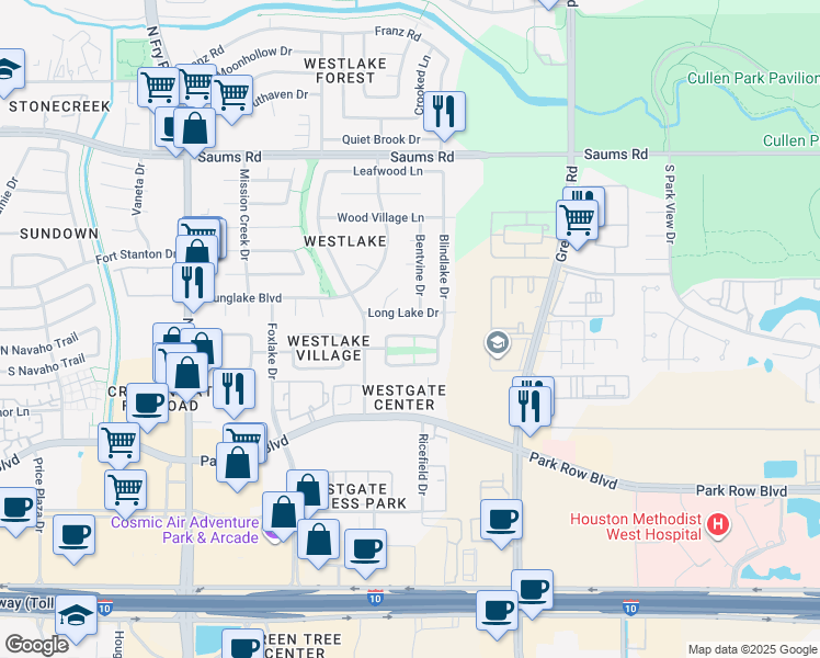 map of restaurants, bars, coffee shops, grocery stores, and more near 19406 Lake Hollow Lane in Houston