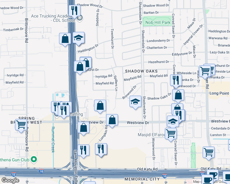 map of restaurants, bars, coffee shops, grocery stores, and more near 10623 Northbrook Drive in Houston
