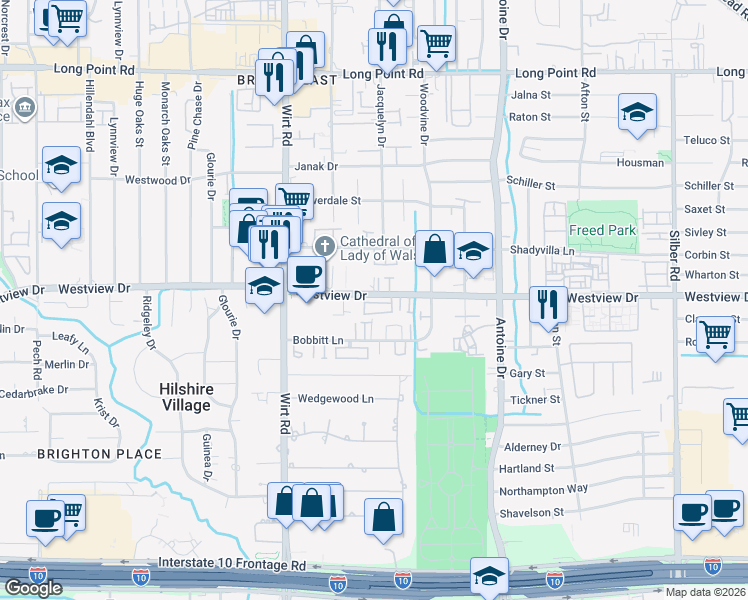 map of restaurants, bars, coffee shops, grocery stores, and more near 7714 West Hunters Court Drive in Houston