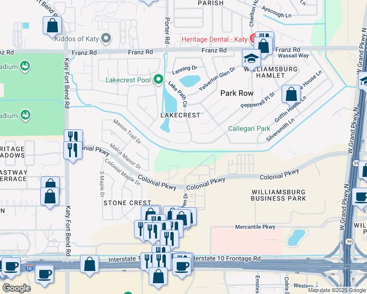 map of restaurants, bars, coffee shops, grocery stores, and more near 24527 Blane Drive in Katy