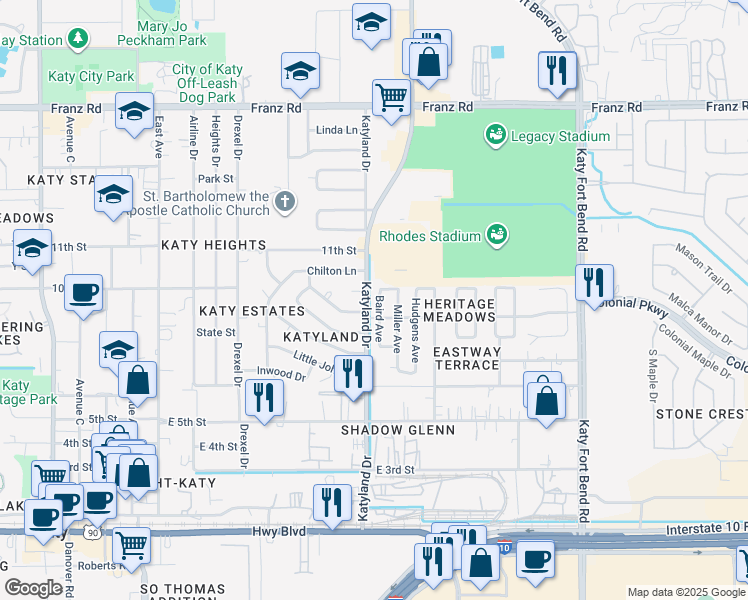 map of restaurants, bars, coffee shops, grocery stores, and more near 5303 Tinker Round Street in Katy