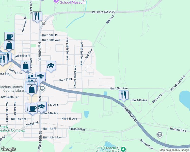 map of restaurants, bars, coffee shops, grocery stores, and more near 15201 Northwest 131st Terrace in Alachua