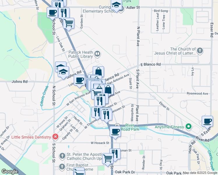 map of restaurants, bars, coffee shops, grocery stores, and more near 301 East San Antonio Avenue in Boerne