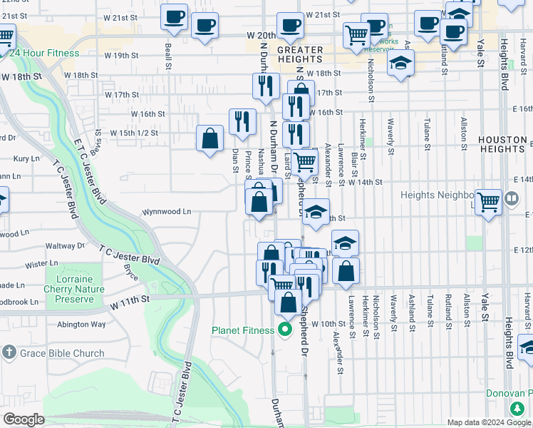map of restaurants, bars, coffee shops, grocery stores, and more near 1304 Nashua Street in Houston