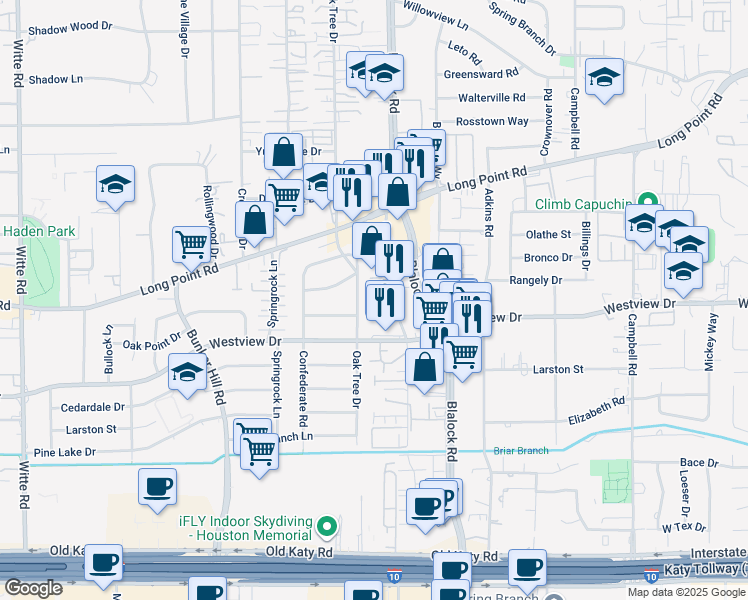map of restaurants, bars, coffee shops, grocery stores, and more near 1337 Cedar Post Lane in Houston