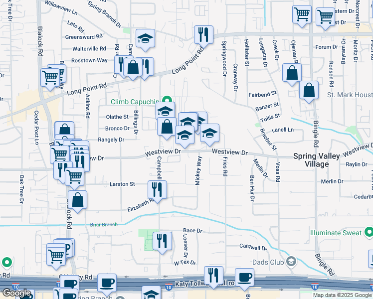 map of restaurants, bars, coffee shops, grocery stores, and more near 9016 Westview Drive in Houston