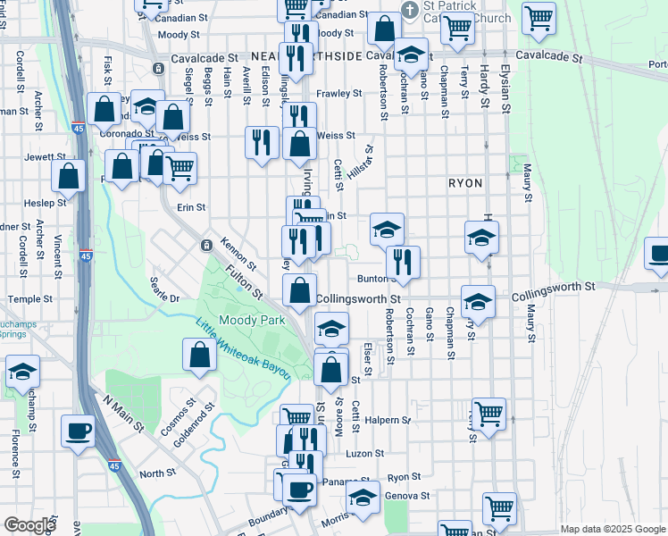 map of restaurants, bars, coffee shops, grocery stores, and more near 3711 Cetti Street in Houston