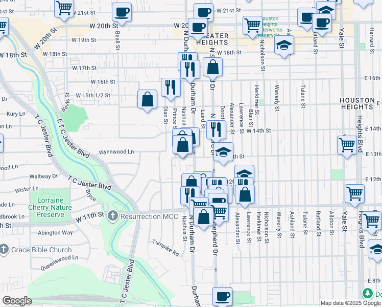 map of restaurants, bars, coffee shops, grocery stores, and more near 1304 Nashua Street in Houston