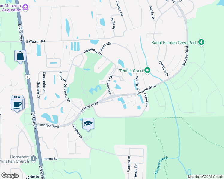 map of restaurants, bars, coffee shops, grocery stores, and more near 1508 Carnoustie Court in St. Augustine