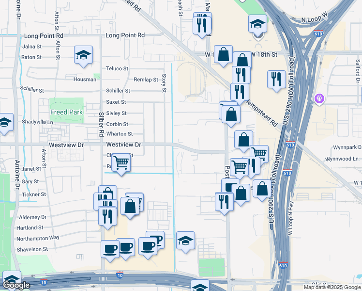 map of restaurants, bars, coffee shops, grocery stores, and more near 6142 Westview Drive in Houston