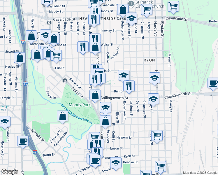 map of restaurants, bars, coffee shops, grocery stores, and more near 3711 Cetti Street in Houston