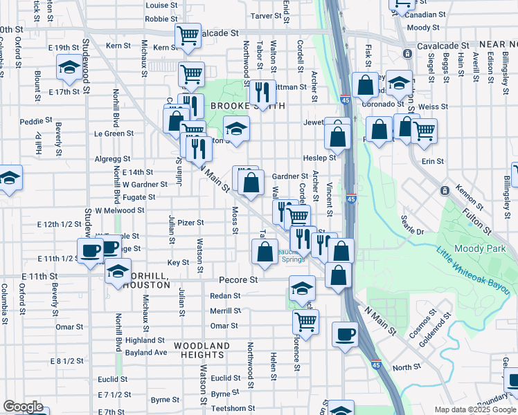 map of restaurants, bars, coffee shops, grocery stores, and more near 405 Tabor Street in Houston
