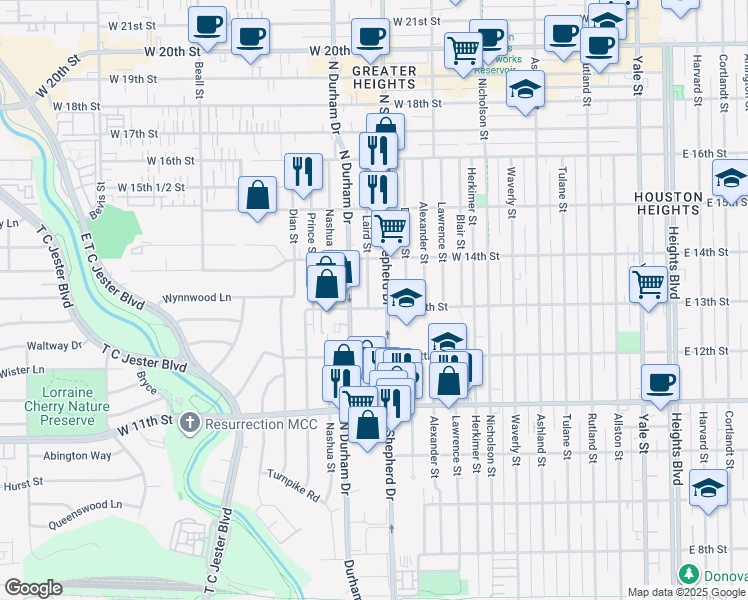 map of restaurants, bars, coffee shops, grocery stores, and more near 1306 Laird Street in Houston