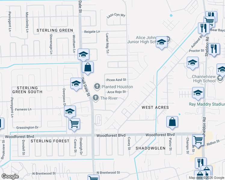 map of restaurants, bars, coffee shops, grocery stores, and more near 15427 Arce Rojo St in Channelview