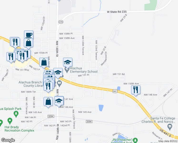 map of restaurants, bars, coffee shops, grocery stores, and more near 15206 Northwest 134th Terrace in Alachua