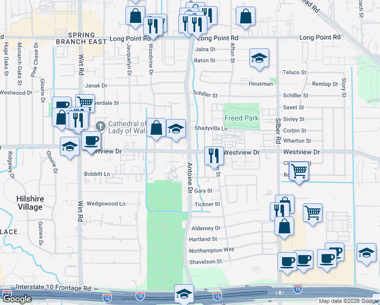 map of restaurants, bars, coffee shops, grocery stores, and more near Antoine Dr & Westview Dr in Houston
