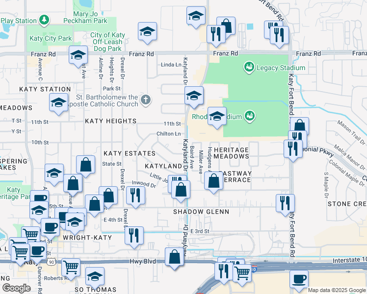 map of restaurants, bars, coffee shops, grocery stores, and more near 5303 Tinker Round Street in Katy