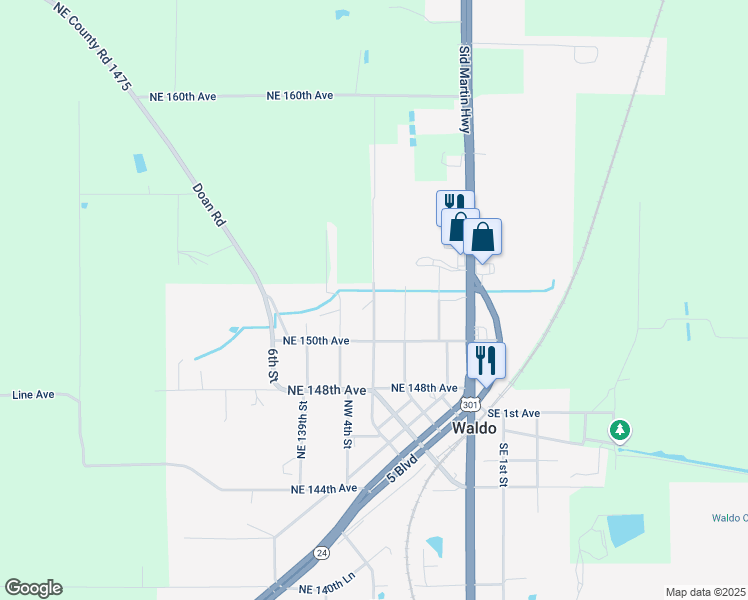 map of restaurants, bars, coffee shops, grocery stores, and more near 406 Northwest 2nd Place in Waldo