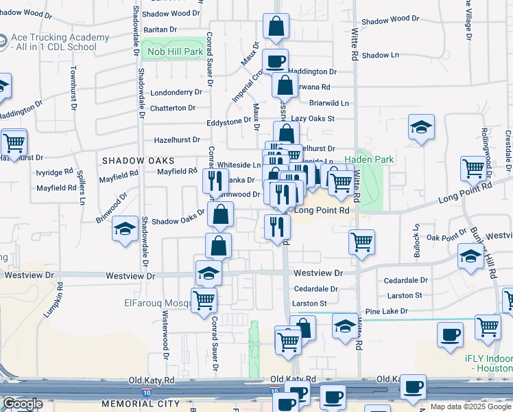 map of restaurants, bars, coffee shops, grocery stores, and more near 10130 Long Point Road in Houston