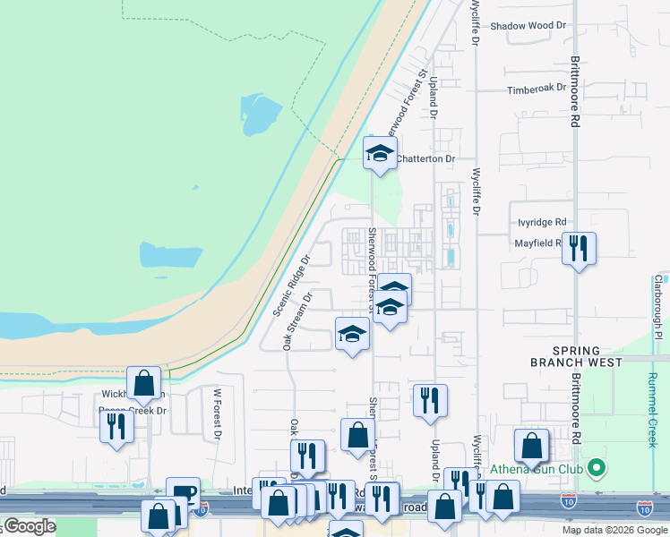 map of restaurants, bars, coffee shops, grocery stores, and more near 11203 Mayfield Road in Houston