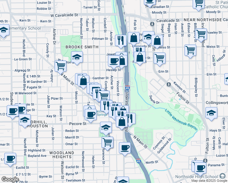 map of restaurants, bars, coffee shops, grocery stores, and more near 405 Vincent Street in Houston