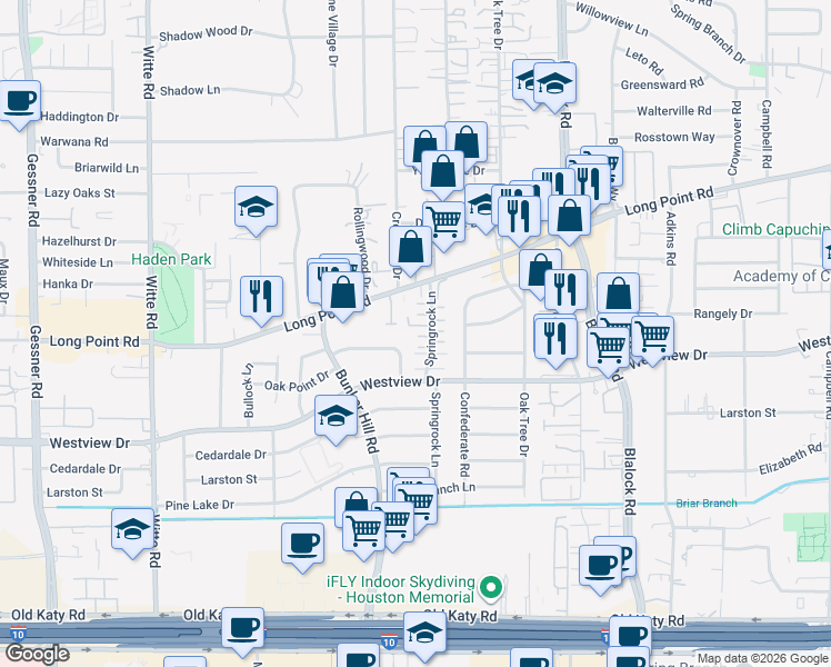 map of restaurants, bars, coffee shops, grocery stores, and more near 1451 Springrock Lane in Houston