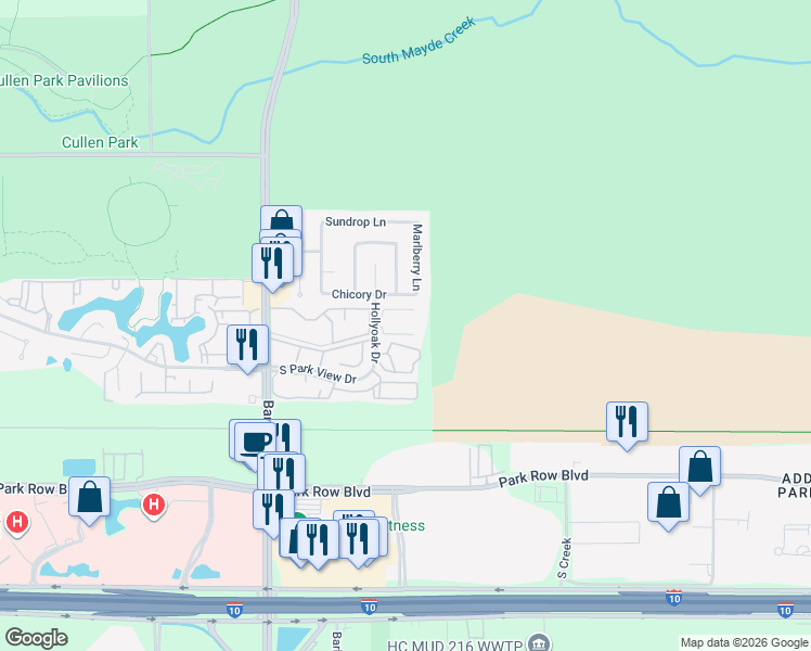 map of restaurants, bars, coffee shops, grocery stores, and more near 1830 Hollyoak Drive in Houston