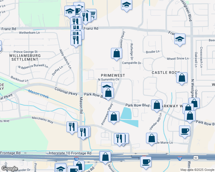 map of restaurants, bars, coffee shops, grocery stores, and more near 21500 Park Row in Katy