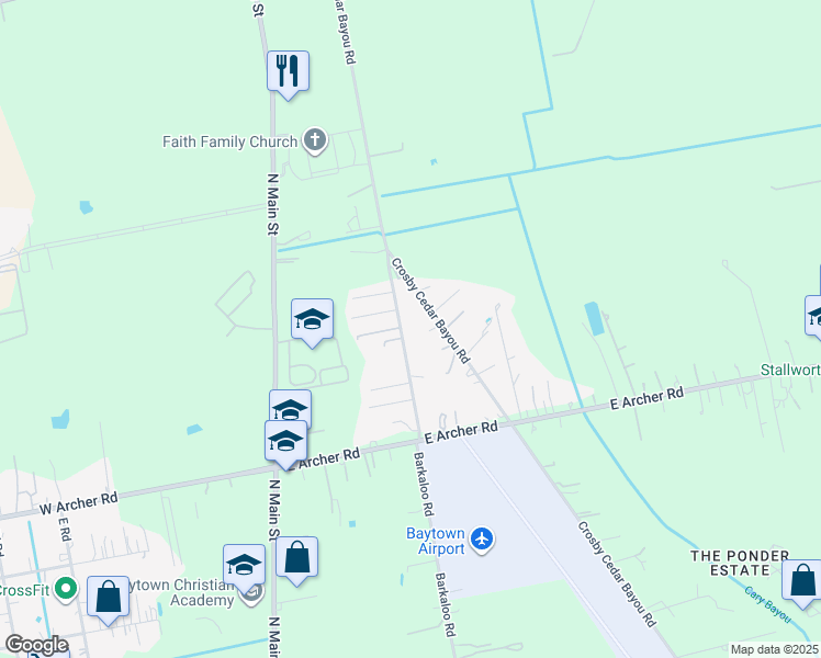 map of restaurants, bars, coffee shops, grocery stores, and more near 6214 Barkaloo Road in Baytown