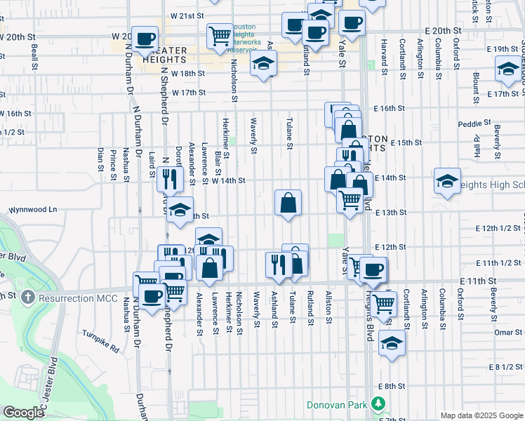 map of restaurants, bars, coffee shops, grocery stores, and more near 1300 Waverly Street in Houston
