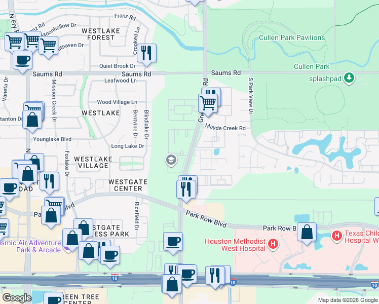 map of restaurants, bars, coffee shops, grocery stores, and more near 2365 Greenhouse Road in Houston