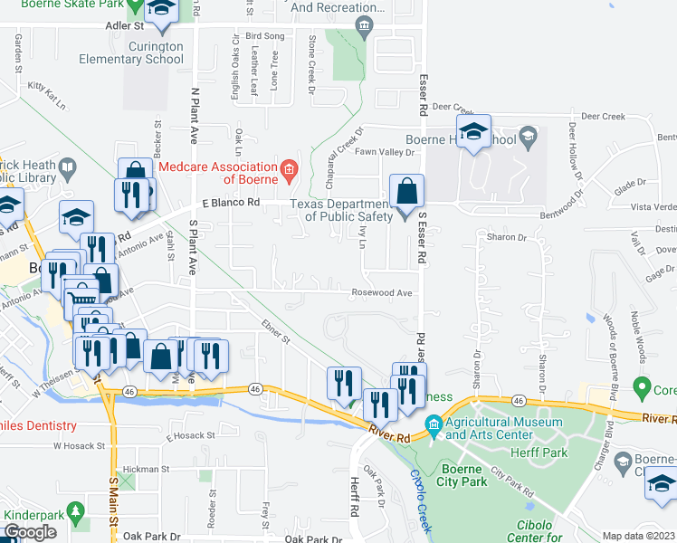map of restaurants, bars, coffee shops, grocery stores, and more near 236 Ivy Lane in Boerne