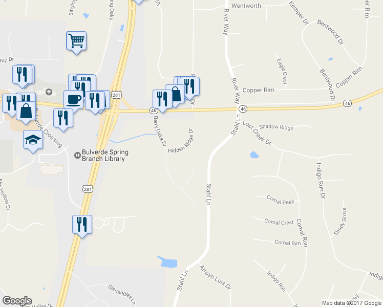 map of restaurants, bars, coffee shops, grocery stores, and more near 204 Hidden Ridge Drive in Bulverde