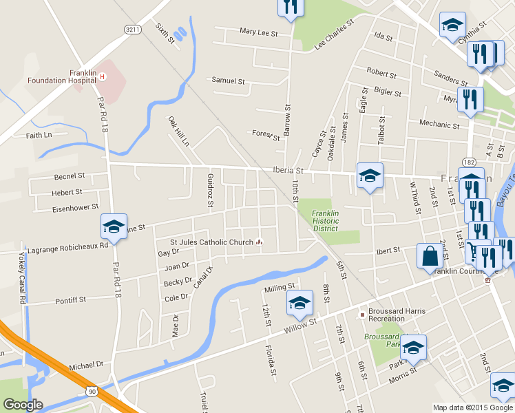 map of restaurants, bars, coffee shops, grocery stores, and more near 1608 Pine Street in Franklin