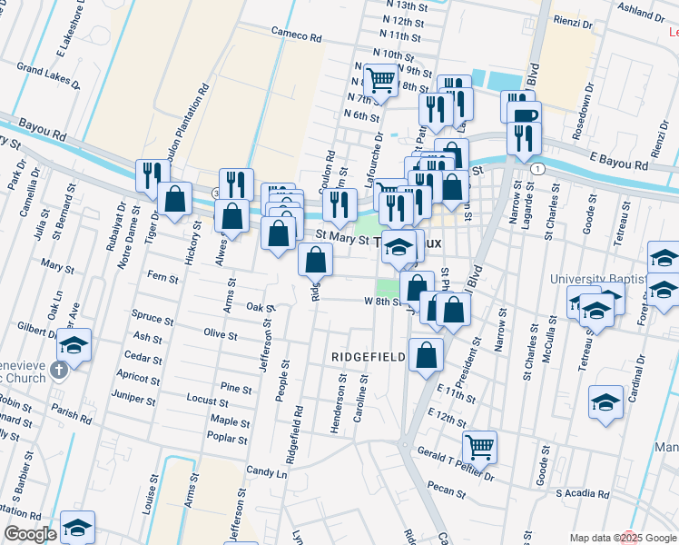 map of restaurants, bars, coffee shops, grocery stores, and more near 534 West 7th Street in Thibodaux