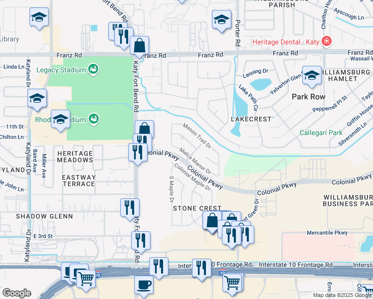 map of restaurants, bars, coffee shops, grocery stores, and more near 24810 Malca Manor Drive in Katy