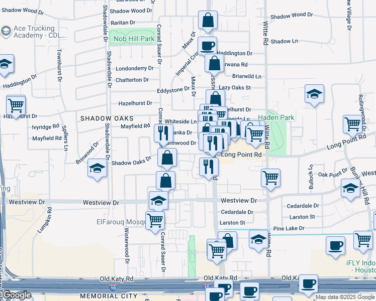 map of restaurants, bars, coffee shops, grocery stores, and more near 10130 Long Point Road in Houston