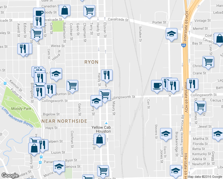 map of restaurants, bars, coffee shops, grocery stores, and more near 3711 Maury Street in Houston