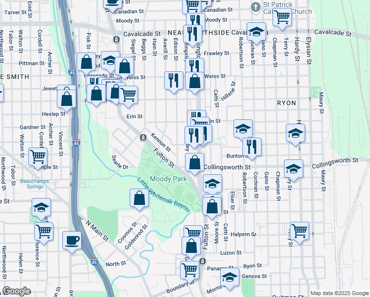 map of restaurants, bars, coffee shops, grocery stores, and more near 3712 Edison Street in Houston