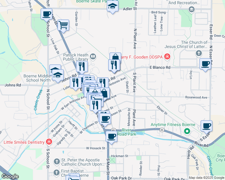 map of restaurants, bars, coffee shops, grocery stores, and more near 113 Turner Street in Boerne