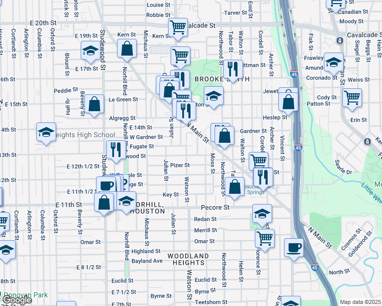 map of restaurants, bars, coffee shops, grocery stores, and more near 729 West Melwood Street in Houston