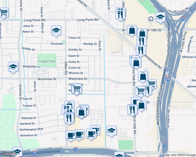 map of restaurants, bars, coffee shops, grocery stores, and more near 1401 Story Street in Houston