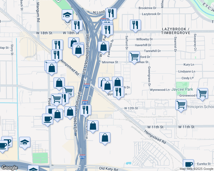 map of restaurants, bars, coffee shops, grocery stores, and more near 390 Fawnhope Drive in Houston