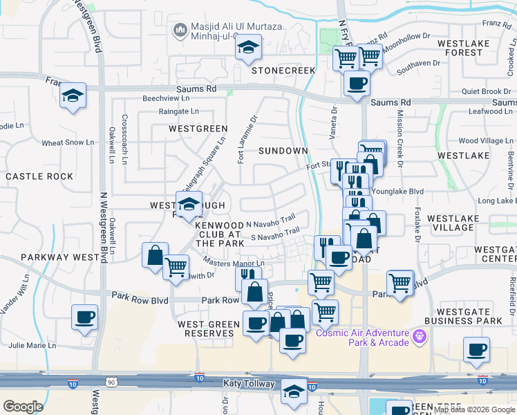 map of restaurants, bars, coffee shops, grocery stores, and more near 20062 South Pecos Valley Trail in Katy