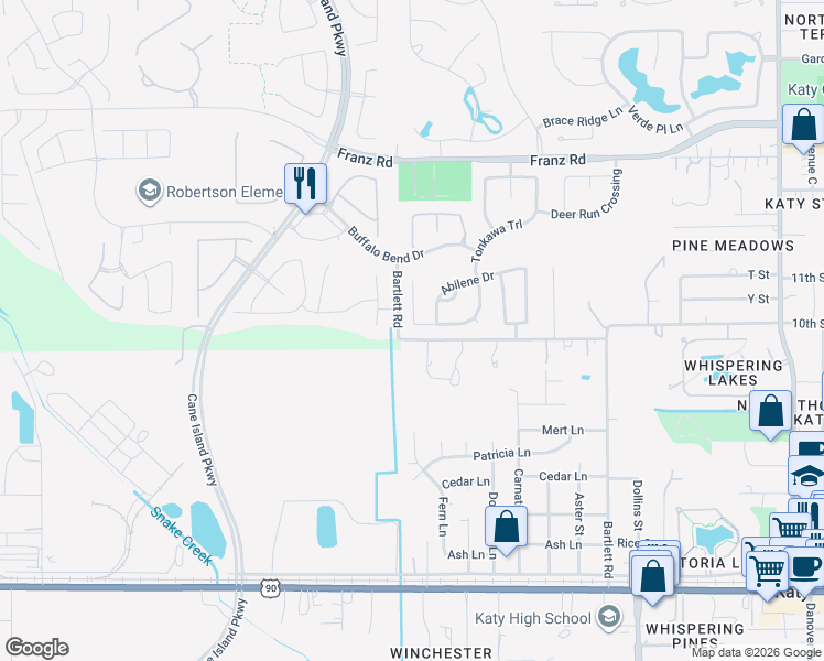 map of restaurants, bars, coffee shops, grocery stores, and more near 1502 Tonkawa Trail in Katy
