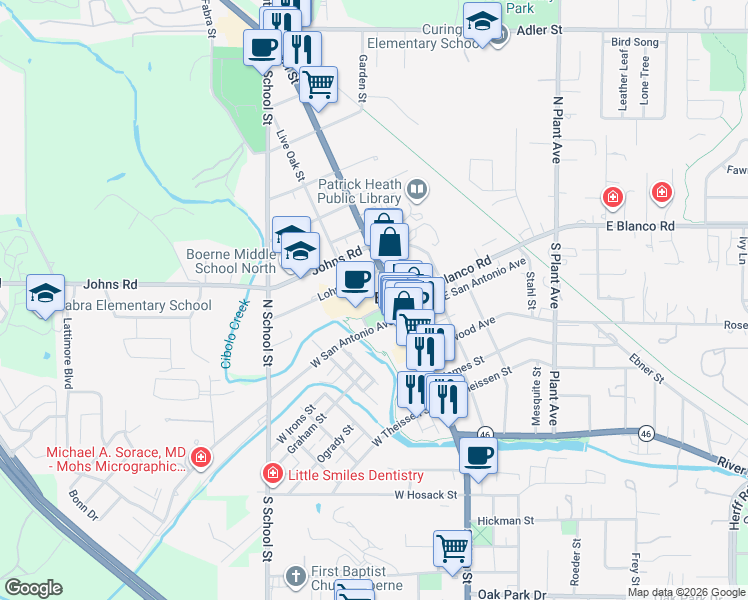 map of restaurants, bars, coffee shops, grocery stores, and more near 116 West Blanco Road in Boerne